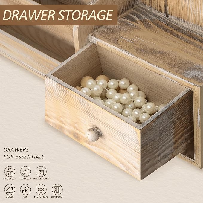 Rebee Vision Key Holder Wall Mount with Drawer for Entryway, Natural Wood | Pine Wood, with Drawer Storage, 7 Hanging Hooks, Letter Organizer, Key Holder for Wall, Home Essentials for Room Decor