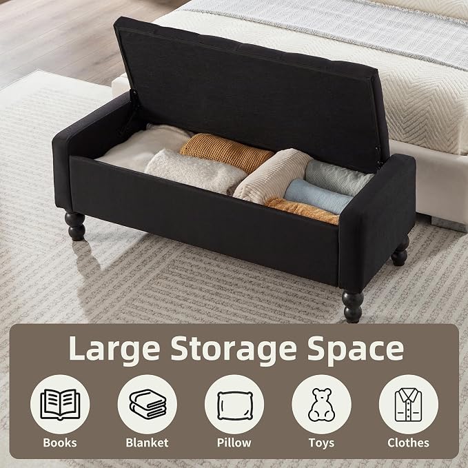 50" W Storage Ottoman Bench with Safety Hinge, Load up to 660 lb Ottoman with Storage, Upholstered Tufted Entryway Bench with Seating for Living Room, Bedroom, Entryway, Black