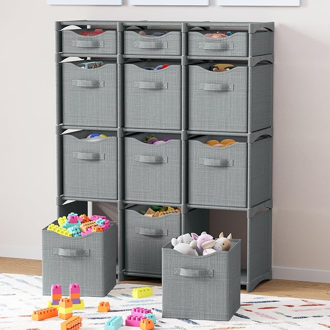 Cube Storage Organizer with Storage Bins Included - The Perfect Closet Organizers and Storage Solution. Includes 12 Storage Cubes, Great For Toy Storage, Closet Storage, Clothes Storage (Grey)