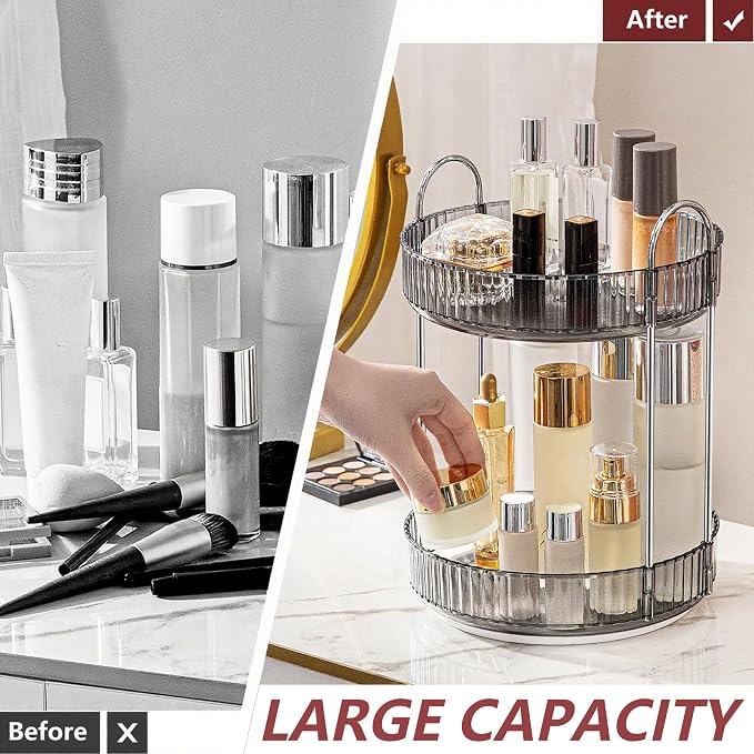 INVSSENE 360° Rotating Makeup Organizer, Bathroom Make Up Spinning Holder Rack, Large Capacity Cosmetics Storage Vanity Shelf Countertop, Fits Cosmetics, Perfume, Skincare, Lipsticks(2 Tiers, Gray)