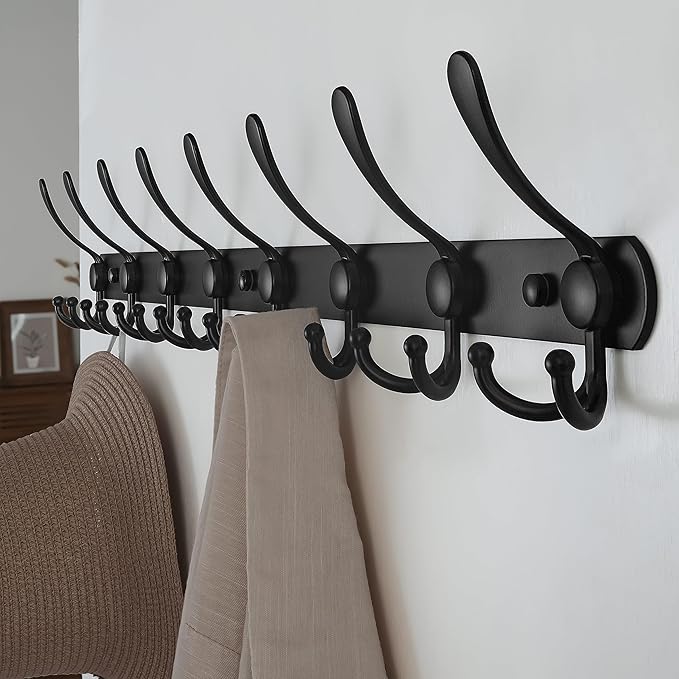 Dseap Coat Rack Wall Mount - 29.5” Long 8-Tri-Hooks Heavy Duty Coat Hanger Rail Wall Hooks for Hanging Coats Hats Clothing Clothes Purse Mudroom Entryway, Black, Pack of 2