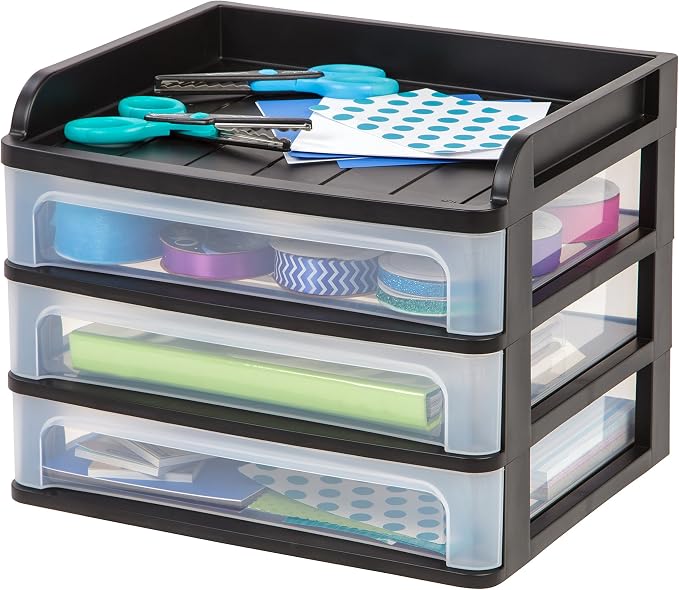 IRIS USA 3-Drawer Medium Desktop Organizer with Paper Tray, Black