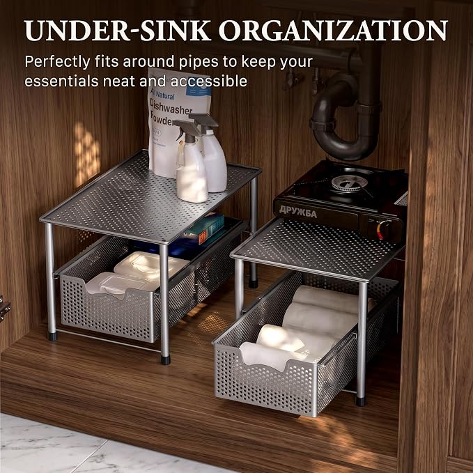 Simple Houseware Stackable Under Sink Sliding Basket Drawer, Silver | Perforated Free Standing Organizer, Kitchen/Pantry/Cabinet/Counter