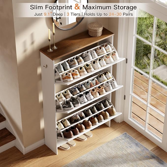 Nicetree Shoe Cabinet, 3 Flip Drawers & Adjustable Shelves, Ultra Slim Freestanding (9.1” Deep), Holds 30 Pairs, Narrow Shoe Storage Cabinet with Anti-Tip Safety, Modern Farmhouse White Walnut