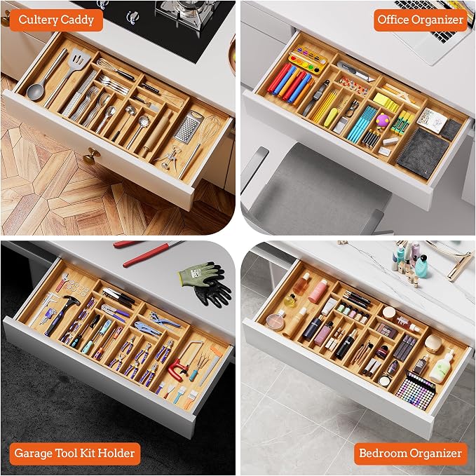 Silverware Organizer Large, Magnetic Connected Expandable 13 Slots Silverware Drawer Organizer From 21 to 37.4 Inches, Adjustable Flatware and Cutlery Holder, Bamboo Utensil Tray for Kitchen Natural