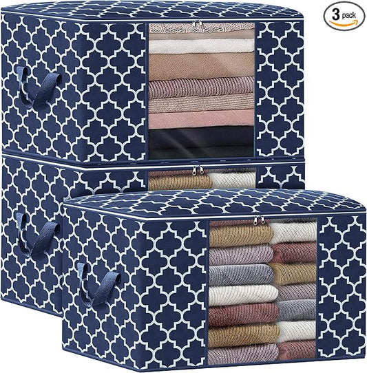 WISELIFE Storage Bags, Large Blanket Clothes Organization and Storage Containers for Bedding, Comforters, Foldable Organizer with Reinforced Handle, Clear Window,Sturdy Zippers,(Blue, 3 x 100L)