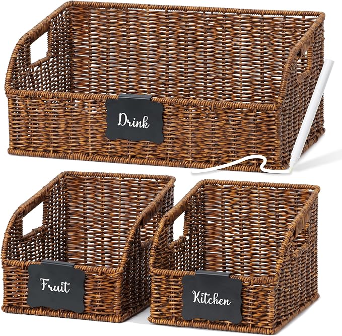 Pantry Organizers, Handwoven Large Wicker Baskets for Shelves, Labeled Storage Baskets for Organizing with Handles - Waterproof Plastic Storage Bins, Boho Decorative, 3Pack, Brown