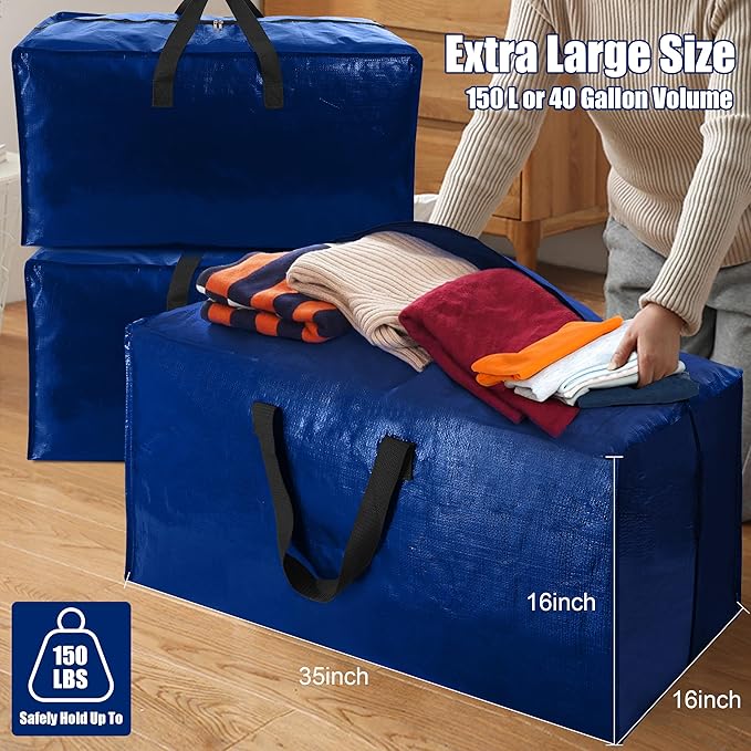 Cosy Family 8 Pack Heavy Duty Extra Large Moving Bags with Backpack Straps - Strong Handles & Zippers, Storage Totes For Space Saving, Fold Flat, Alternative to Moving Box (40 gal, Blue)