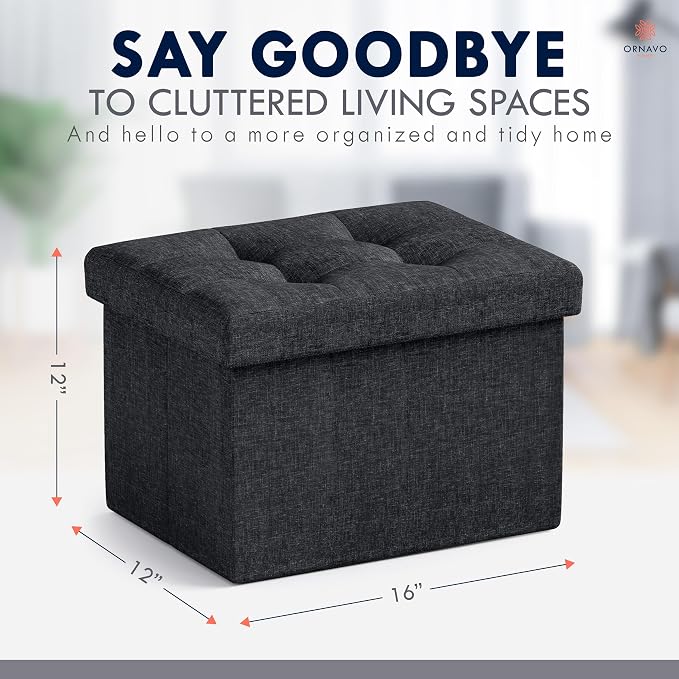 Ornavo Home Small Rectangle Storage Ottoman, Linen, 12x16x12, Black | Collapsible Cube Design; Foot Rest Stool Seat; Ideal for Living Room, Bedroom, Home Office or Dorm