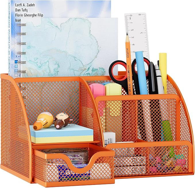 EasyPAG Mesh Desk Organizer with Drawer Multi-functional Pen Holder Stationery Organizer for Office School Supplies 6 Compartments Dorm Organizers and Storage for Desk, Orange