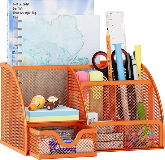EasyPAG Mesh Desk Organizer with Drawer Multi-functional Pen Holder Stationery Organizer for Office School Supplies 6 Compartments Dorm Organizers and Storage for Desk, Orange