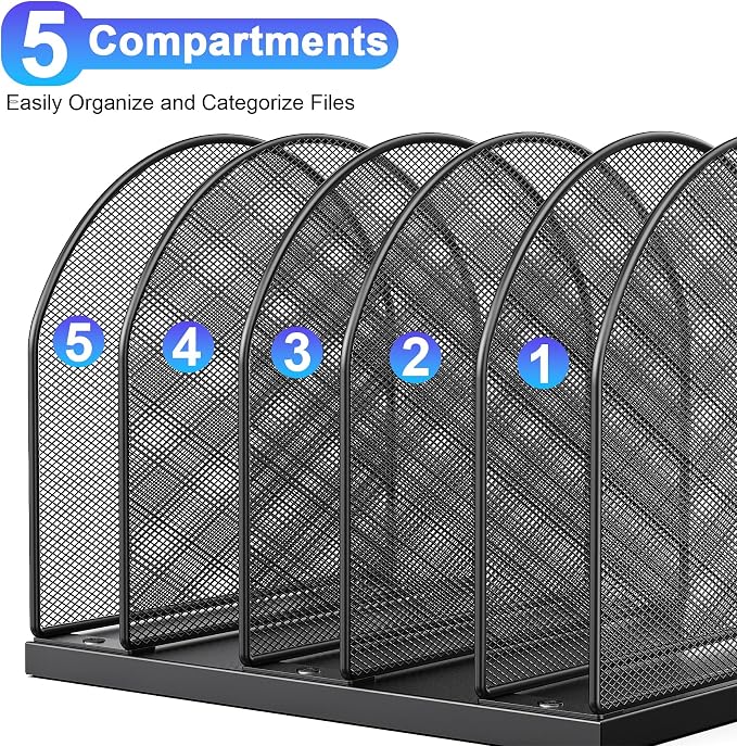 gianotter Desktop File Organizer, Desk Organizer with 5 Compartments, Paper Organizer for Desk, Workspace Organizers for Office Supplies (Black, Upright Style)