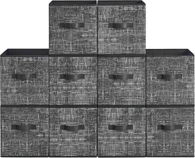 SONGMICS HOME Foldable Storage Cubes Set of 10, Fabric Shelf Organizer Bins with Handles, Closet Storage Boxes for Clothes, 10.4 x 10.4 x 11.2 Inches, Black