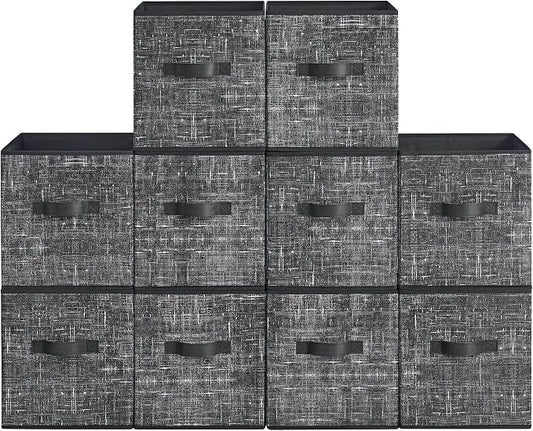 SONGMICS HOME Foldable Storage Cubes Set of 10, Fabric Shelf Organizer Bins with Handles, Closet Storage Boxes for Clothes, 10.4 x 10.4 x 11.2 Inches, Black
