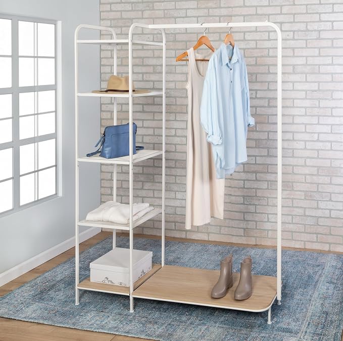 Honey-Can-Do Clothing Rack, Clothes Rack with Wood Shelf, Freestanding, Easy to Assemble Garment Rack, Standing Metal Sturdy, Small Space Storage Solution, with Shoe Storage White