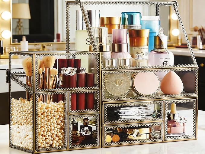 Luxury Glass Makeup Organizer Antique Bronze Metal Frame, Clear Vanity Countertop Storage Case for Cosmetics, Skincare, Perfume, Jewelry, Brush Holder & Drawers for Bathroom, Bedroom, Dressing Table