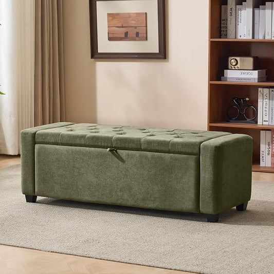 Royal Windsor 48" Ottoman with Storage,Tufted Storage Bench with Safety Hinge,Holds up to 350 lb,Upholstered Bench with Seating for Bedroom,Living Room,Entryway,Linen Green