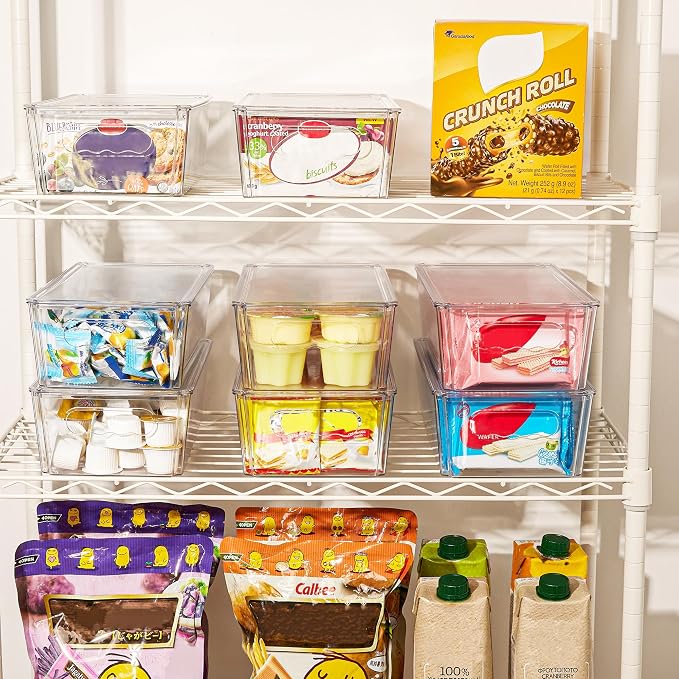 Vtopmart 10pcs Clear Stackable Storage Bins with Lids | BPA-free food-grade PET, Stackable with Lids Included, Easy to Move, For Fridge Freezer Pantry Cabinet Kitchen Organization