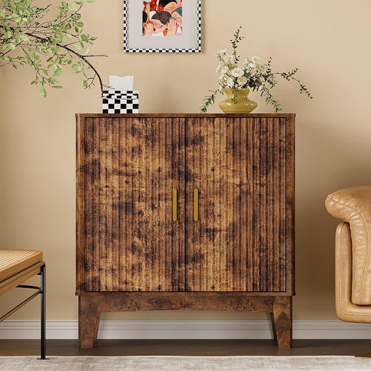 BORNOON Storage Cabinet with Doors and Adjustable Shelf, Modern Fluted Sideboard Buffet Cabinet, Freestanding Coffee Bar for Kitchen, Pantry, Entryway, Living Room (Rustic Brown)