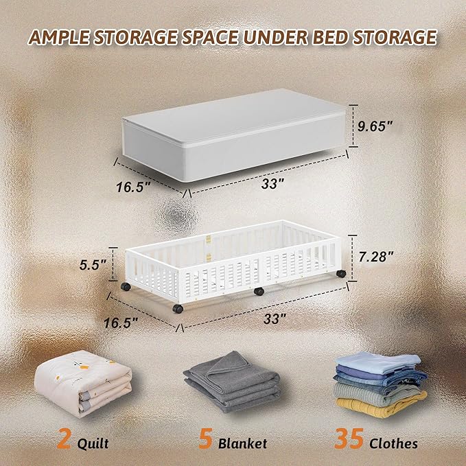 2 Pack Large Bamboo Under Bed Storage Containers with Wheels, White | Underbed Drawer Storage with Bag, Wood Rolling Underbed Organizer for Shoes, Sheets Clothes Blanket Comforter, Under Crib Toy