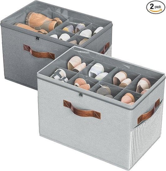 2 Pack Shoe Organizer for Closet, Foldable Shoe Storage with Adjustable | Farbic shoe storage organizer box bin with clear cover, fits up to 16 pairs, shoe storage box for closet, entryway, gray
