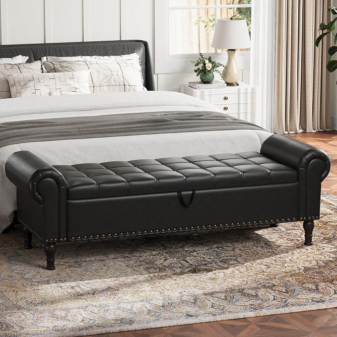 YOUDENOVA 60” Ottoman with Storage, Upholstered Storage Ottoman Bench with Rolled Arms, PU Leather Storage Bench for Bedroom, Living Room, Entryway, Black