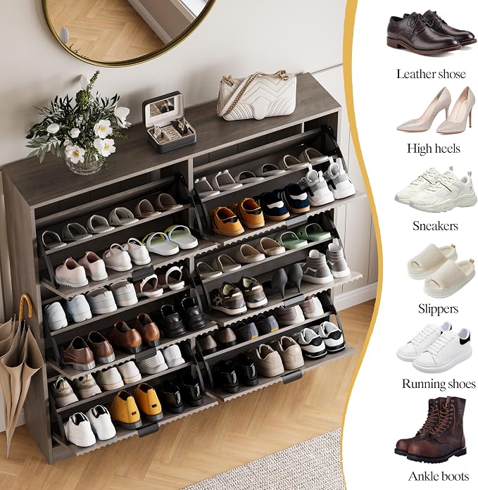 HUANLEGO Shoe Cabinet Storage for Entryway with 6 Flip Drawers, Grey Fluted Shoe Cabinet with Adjustable Shelves, Wooden Hidden Shoe Rack Freestanding Narrow Slim Shoes Storage for Hallway, Entrance