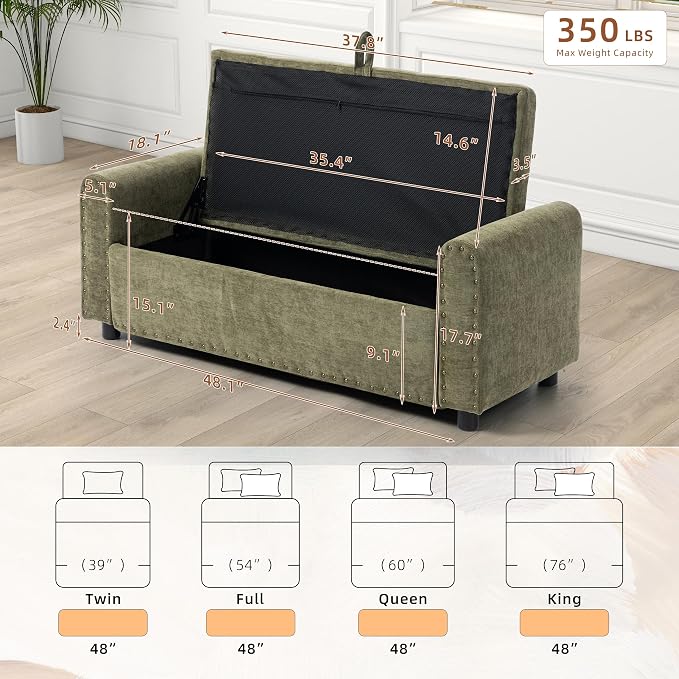 48" Ottoman with Storage, Tufted Storage Ottoman Bench, Convenient Living Room Fabrics Bench Seat, Entryway Shoe Benches with Inner Zipper & Arm, Upholstered Window Seat Ottomans with Rivets, Green