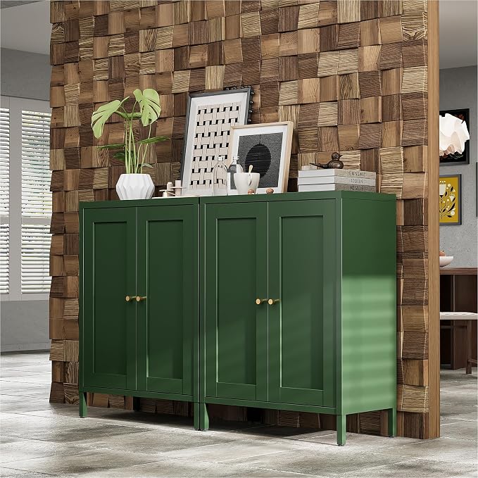 Bevivog Small Bathroom Storage Cabinet, Green Metal Locker Cabinet with 2 Doors and 2 Adjustable Shelves, Metal Floor Cabinets Sideboard for Home Office, Living Room, Hallway, Entryway