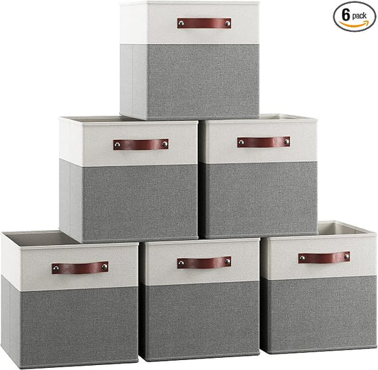 Ornavo Home 11x11 Foldable Fabric Storage Cube Bins, 6 Pack, White/Gray | Collapsible Linen Shelf Basket Organizer; Leather Handles; Ideal Cube Storage For Closet
