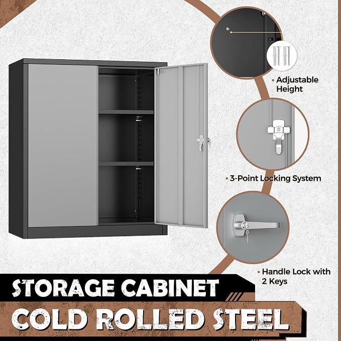 INTERGREAT Metal Storage Cabinet, 36” Steel Locking Cabinet with Doors and Shelves, Black Grey Utility Cabinet Garage Cabinets for Home Office, Garage, Kitchen