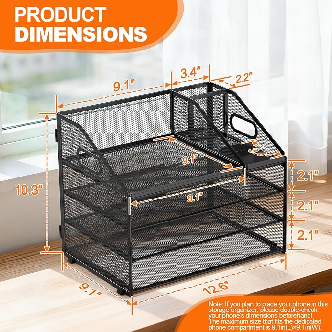 DocNest 4 Tier Metal Mesh Desk File Organizer with Phone Shelf, Black | Desktop letter tray sorter features a 9.1x9.1 inch top phone holder, built-in sticky note compartment and pen holder
