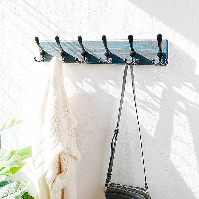 Coat Rack Wall Mounted - 24" Long 6 Tri Hooks, Heavy Duty Wooden Wall Coat Hanger Coat Hook for Clothes Hat Jacket Clothing, Weathered Blue and Black, Pack of 2