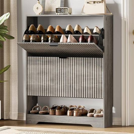 Xixini Shoe Storage Cabinet for Entryway with 2 Flip Drawers, Hidden Slim Wood Shoe Organizer with Modern Fluted Panel, Freestanding Narrow Shoe Rack for Front Door Entrance, Hallway, Foyer, Grey