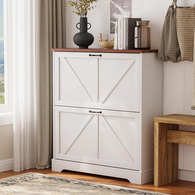 Semiocthome Farmhouse Shoe Storage Cabinet with 2 Flip Drawers, 31.5"(W) Freestanding Shoe Organizer with Barn Door and Metal Handles for Entryway, Rustic Narrow Slim Shoe Rack Cabinet - White