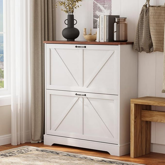 Semiocthome Farmhouse Shoe Storage Cabinet with 2 Flip Drawers, 31.5"(W) Freestanding Shoe Organizer with Barn Door and Metal Handles for Entryway, Rustic Narrow Slim Shoe Rack Cabinet - White
