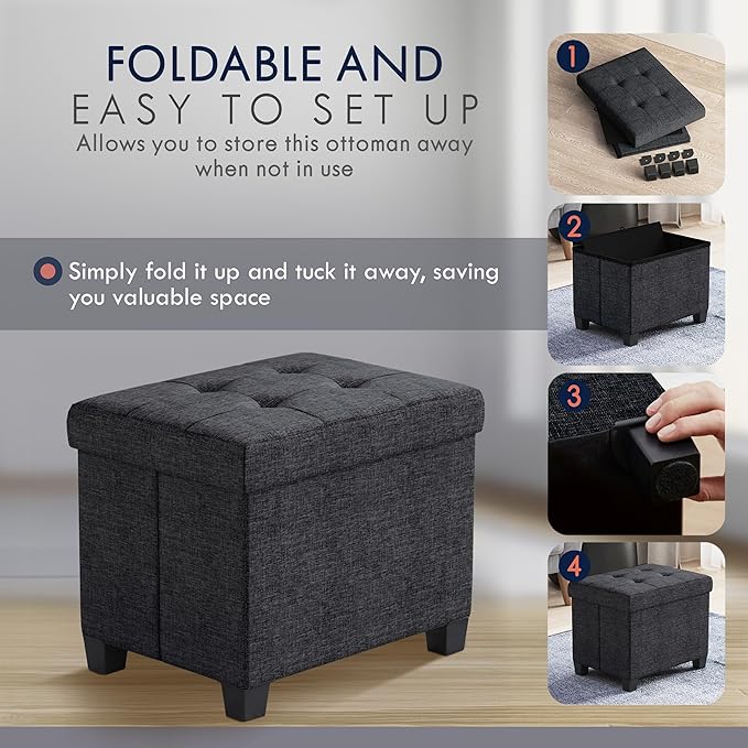 Ornavo Home Small Rectangle Storage Ottoman with Legs, 12x16x12, Black | Foot Rest Stool Seat; Holds Up to 600 lbs; Ideal for Living Room, Bedroom, Home Office or Dorm