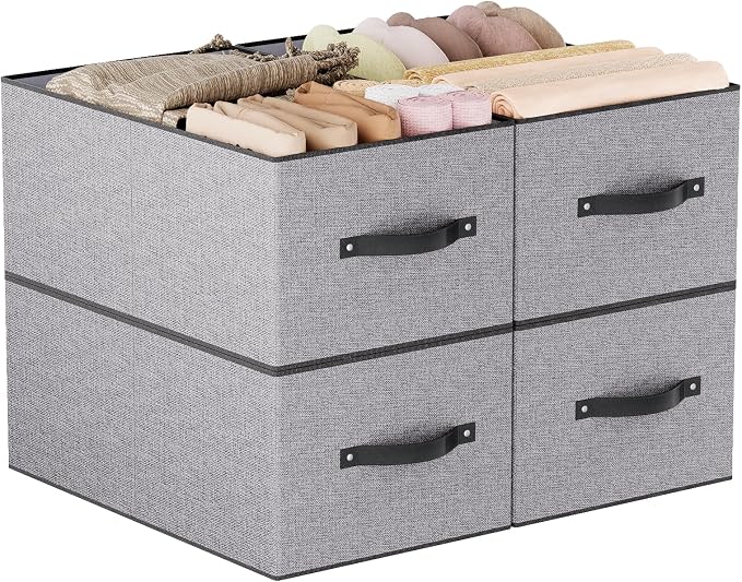 Fabric Closet Storage Boxes,18.5×11×7.9In,Gray Bins,4Pack | Storage Baskets with Handles,Collapsible Clothing Bins,Fabric Drawers,Closet Organizer for Shelves Wardrobe Bedroom