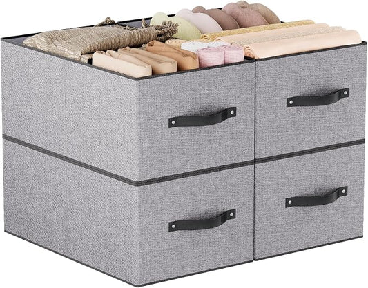 Fabric Closet Storage Boxes,18.5×11×7.9In,Gray Bins,4Pack | Storage Baskets with Handles,Collapsible Clothing Bins,Fabric Drawers,Closet Organizer for Shelves Wardrobe Bedroom