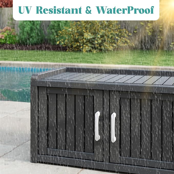 Outdoor Shoe Storage Cabinet Waterproof UV-Resistant, Entryway Storage Bench Indoor Outdoor with 3 Barn Doors, Adjustable Shelves for Entryway, Bedroom, Hallway,Living Room(Black)