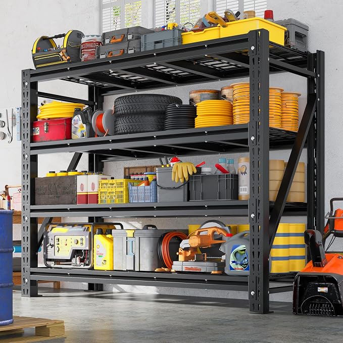 Romorgniz Garage Shelving Heavy Duty, 5000LBS Steel Rack for Garage, Shop | 4‑tier industrial solid steel shelf. Rust‑resistant, one‑piece uprights, side braces for stability, 16 supporting ribs