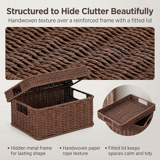 Wicker Storage Basket with Lid for Shelves, 3-Basket Set, Dark Brown | One rectangular wicker basket with lid and two open baskets for decorative shelf storage; removable lid flips into a tray.