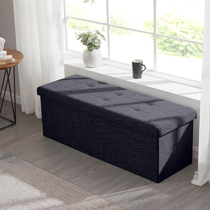 Ornavo Home 43 Inch Folding Extra Large Storage Bench, Linen, Black | Upholstered Tufted Ottoman with Lid; Foot Rest Stool; Ideal for Bedroom, Living Room or Entryway
