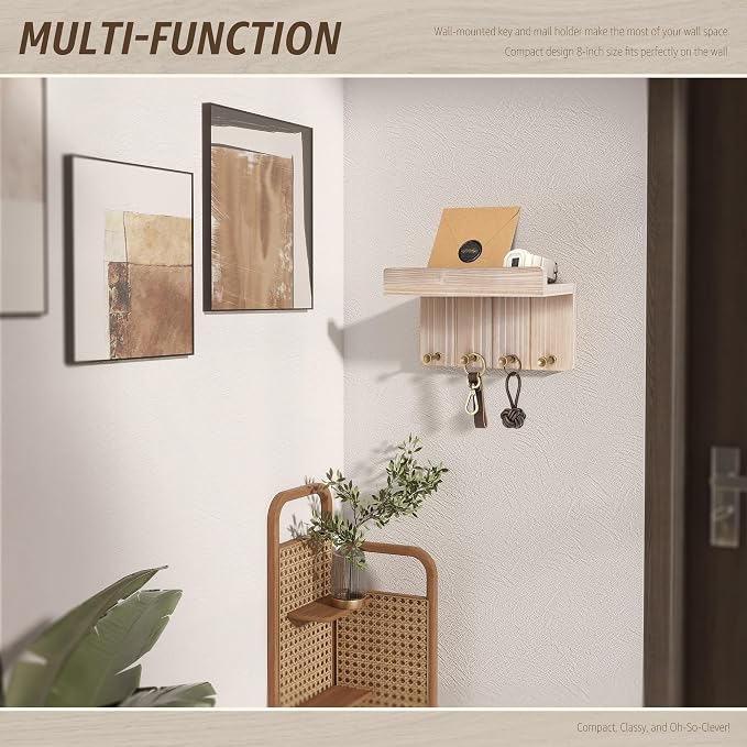 Rebee Vision Key Holder Wall Mount with 4 Hooks for Entryway, Natural Wood | Key and Mail Holder for Wall, Mini Floating Shelf, Mail Organizer, Perfect for Apartment Essentials, Compact Storage