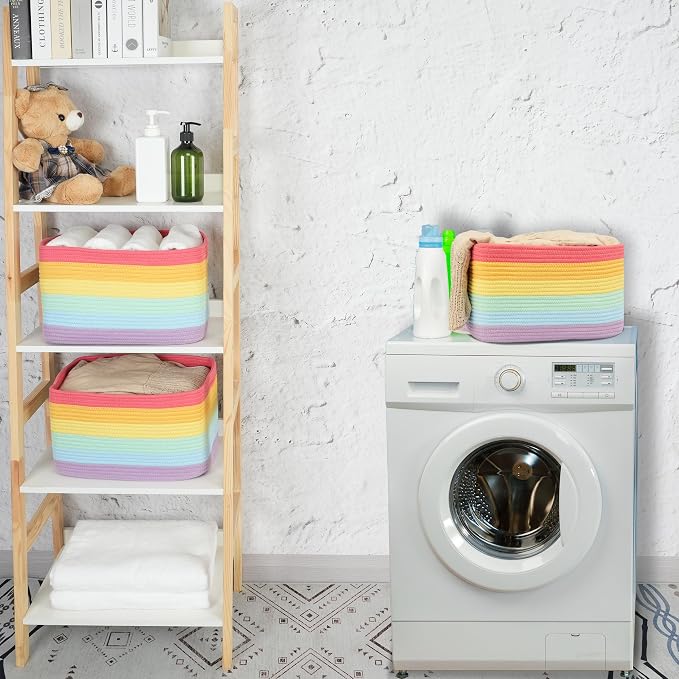 XUANGUO Woven Cotton Rope Storage Baskets 15x10x9.3" 3 Pack Rainbow | Colorful storage baskets for shelves and playrooms; toy storage bins organize kids' toys, books, clothes and nursery items.
