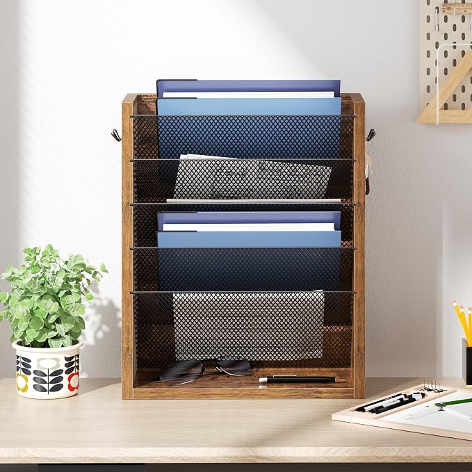Mail Organizer Wall Mounted, 6-Slot Hanging File Organizer with Key Holder | Mail Sorter, Wood Letter Holder for Envelopes Bills Magazine Folders Papers Accessories for Home Office, Rustic Brown