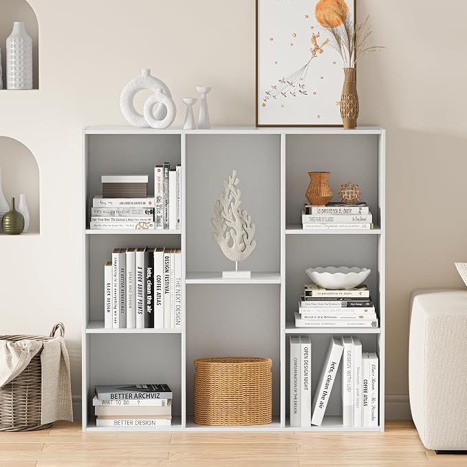 VDNEND Wooden Cube Storage Organizer with Closed Back Panel, 11in Cube Shelf Opening, Bookshelf, Display Shelf,Closet Cabinet for Home and Office (Embossed White, 8-Cube 35.98L*9.45W*35.91H)
