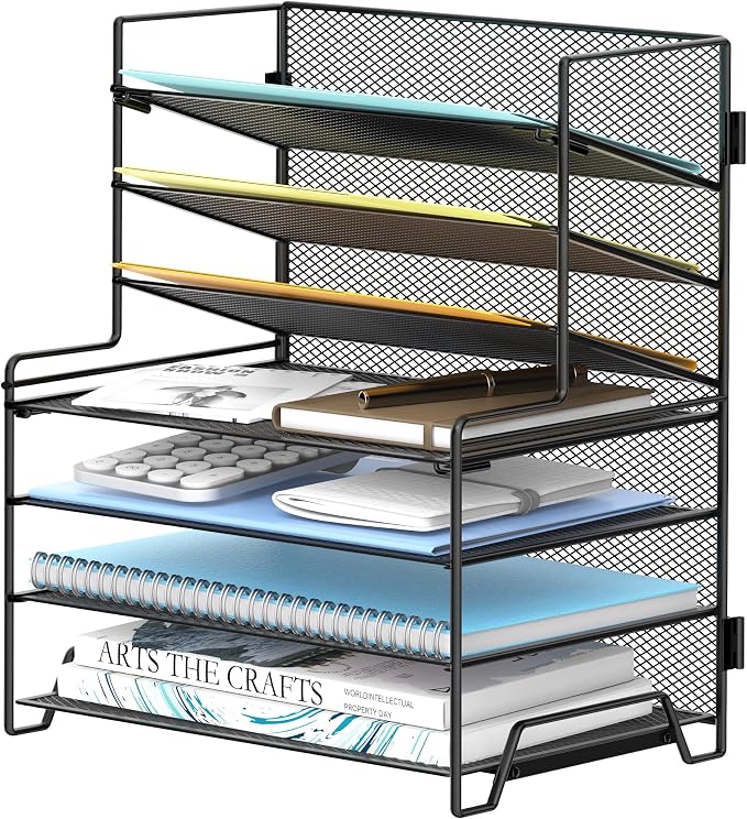 7 Tier Desk File Organizer with Letter Trays and File Holders Black | 7 Tier Metal Mesh Paper Organizer for Desk with Letter Trays and File Holders for Papers, Folders and Office Supplies