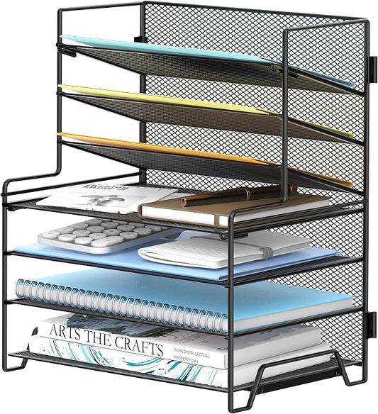 7 Tier Desk File Organizer with Letter Trays and File Holders Black | 7 Tier Metal Mesh Paper Organizer for Desk with Letter Trays and File Holders for Papers, Folders and Office Supplies
