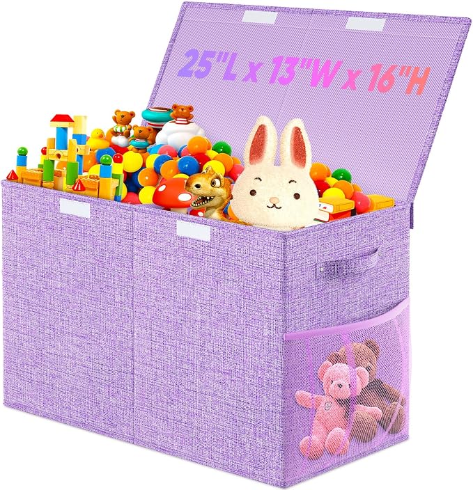 Large Toy Storage Box with Lid, Dividers, Collapsible Kids Toy Chest Purple | Toy Box for Boys, Girls, Nursery, Bedroom, Living Room, Playroom, 25 x 13 x 16 inches